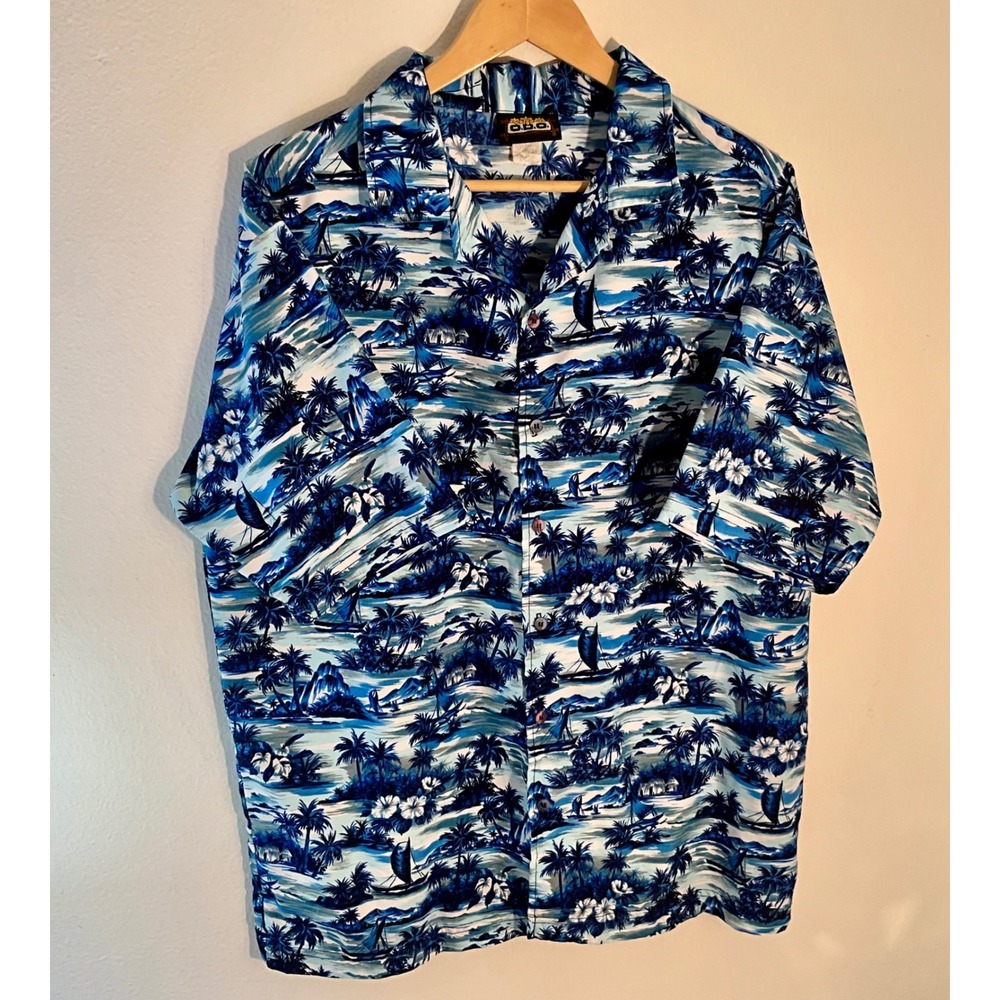 Vintage ODO Mens Hawaiian Shirt Tropical Palm Tree Boat Print‎ Short Sleeve SZ L